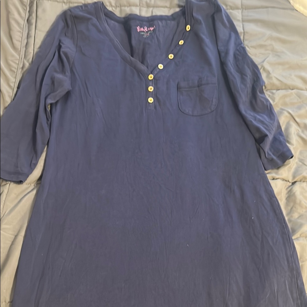 Navy Blue quarter sleeve dress with gold Buttons